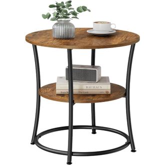 Relaxdays Relaxdays side table, 2 shelves, HxD: 55x55 cm, wood-effect & metal, round, dark brown/black