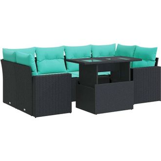 vidaXL 7 Piece Garden Sofa Set with Cushions Black Poly Rattan Acacia vidaXL