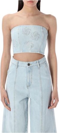 Rotate ROTATE Birger Christensen, Sleeveless Tops, female, Blue, 3XS, Studded Denim Bandeau Top