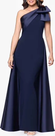 Betsy & Adam Bow One-Shoulder Mikado Gown in Navy at Nordstrom, Size 12