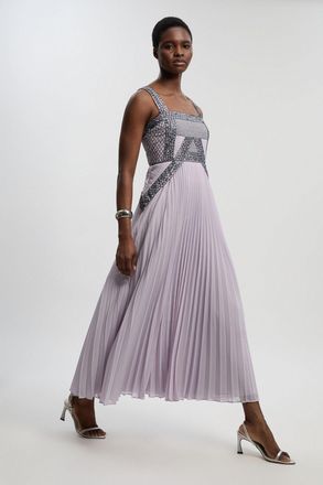 Karen Millen Womens Embellished Pleated Woven Maxi Dress - Lilac - Size 14 UK