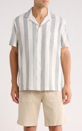 Nordstrom Linen Blend Camp Shirt in Blue Spruce Cabana Stripe at Nordstrom Rack, Size Xx-Large