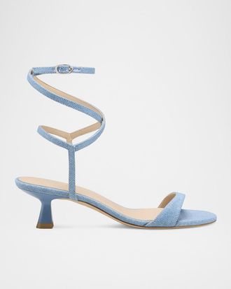 Stuart Weitzman Nudist Denim Ankle-Strap Kitten Sandals