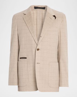 Dunhill Mens Suede-Trim Cashmere Windowpane Sport Coat
