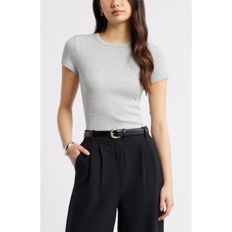 Open Edit Rib Short Sleeve Shirt in Grey Heather at Nordstrom, Size Large