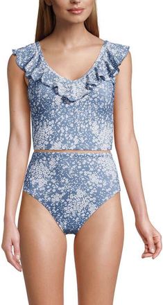 Lands End Pique Ruffle Tankini Top and High Waisted Bottom Swimsuit Set in Dusk Sky Meadow Ditsy Floral at Nordstrom, Size X-Large