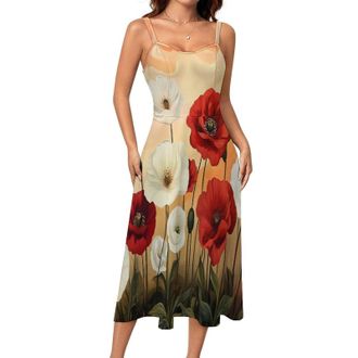 Generic Red Floral Poppy Flower Painting Women Summer Dresses Sleeveless Sundress Beach Casual Swing Midi Dress M