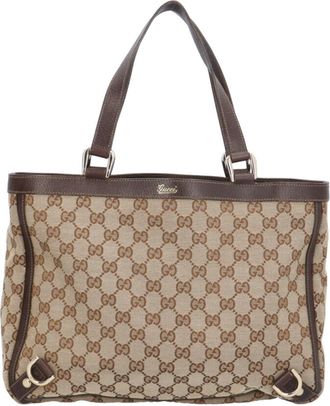 Gucci Beige Brown Gg Canvas Leather Tote Bag (Pre-Owned)