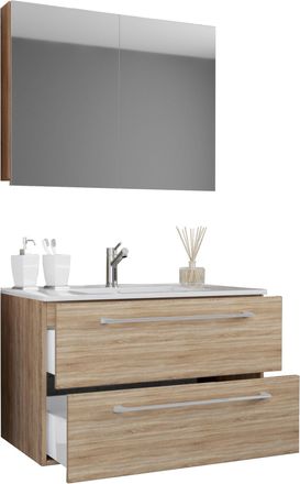 ebuy24 Ebuy24 - Vcm 3 Piezas Lavabo Lavabo Inferior Gabinete Ancho 80 Cm Muebles De Ba&ntilde;o Juego Colgando Con Dos Cajones Espejo Gabinete Badinos (sonoma Roble