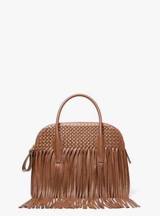 Michael Kors Kaitlin Large Fringed Woven Leather Dome Satchel