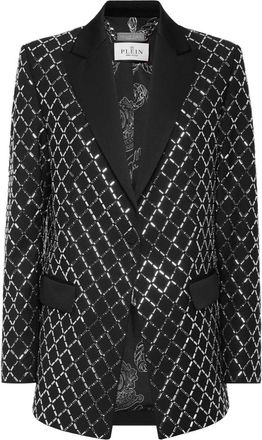 Philipp Plein Jassen, Dames, Zwart, S, Wol, Wool and Satin Boyfriend Fit Blazer Crystal Rhombus