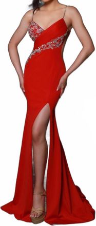 Johnathan Kayne Beaded Applique Illusion Cutout Prom Gown In Red