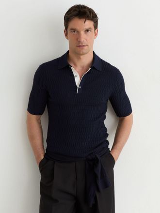 Reiss Mens Navy Textured-knit Half-button Polo Shirt, Xxl