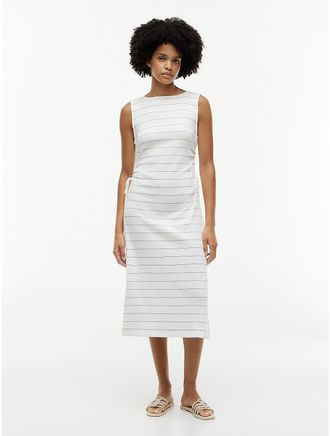 Tommy Hilfiger Womens Sleeveless Side-Tie Boatneck Midi Dress - Navy Blue / Ecru Stripe - XL