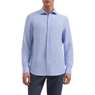 Bugatchi Axel Shaped Fit Linen Button-Up Shirt in Sky at Nordstrom, Size Xxx-Large