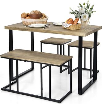 Costway Costway - Juego De Mesa De Comedor De 4 Piezas, Mesa De Cocina Con Banco Y 2 Taburetes, Mesa De Desayuno Con Marco De Metal, Conjunto De Comedor Indus