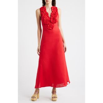 Farm Rio Floral Appliqu&eacute; Linen Midi Dress in Red at Nordstrom, Size X-Small