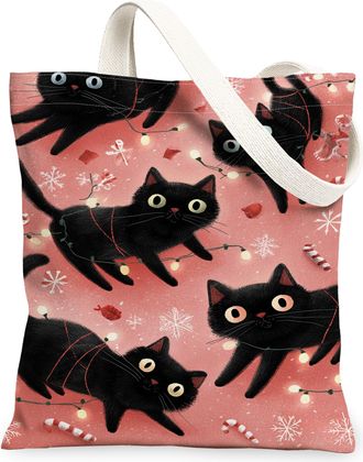 Generic Christmas Cat Canvas Tote Bags, Cute Feline Design Reusable Bags, Holiday Vintage Lightweight Washable Shoulder Strap Tote, Peach, 13x15 Inch