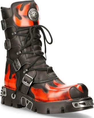 New Rock Flame Accented Black/Red Leather Boots- 591-S1