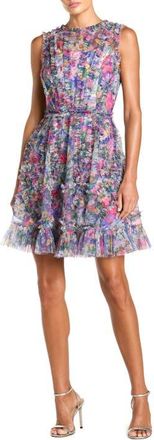 Mac Duggal Mesh Micro Ruffle High Neck Floral Mini Dress in Purple Multi at Nordstrom, Size 12