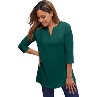 Jessica London Stretch Cotton Notch Neck Tunic in Emerald Green at Nordstrom, Size Small