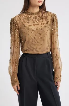 Farm Rio Embroidered Tulle Lined Blouse in Caramel at Nordstrom Rack, Size X-Small