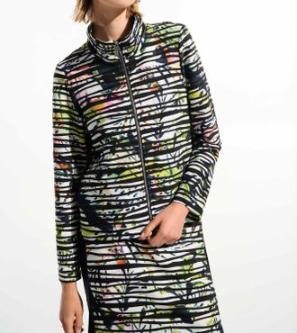 Joseph Ribkoff Cascade Knit Tropical Jacket With Contrast Panel In Vanilla/multi