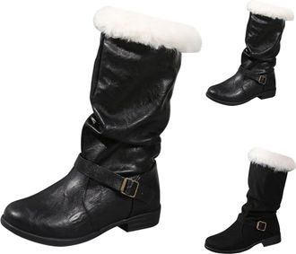 Generic Womens Winter Boots White Plush Cuffs Snow Boots Plush Warm Lined Winter Shoes Leather Waterproof Medium Height Boots Outdoor Western Boots Fluffy Sno