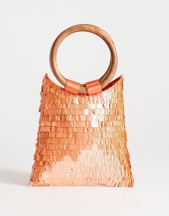 Topshop Holly - Borsa a mano con paillettes color corallo e manici in legno-Rosa
