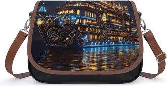 Generic Cruise Ship in Night Crossbody Bag Womens Handbag PU Message Bags Shoulder Purse with Adjustable Strap