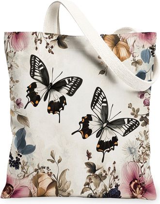 Generic Spring Orchid Flower Canvas Tote Bag for Shopping 13x15, Aesthetic Retro Butterflies Reusable Grocery Print Pattern Bag for Women, Vintage Beach Aesth