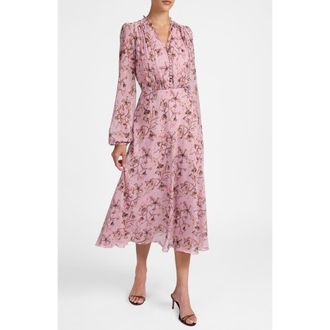 Santorelli Amal Long Sleeve Midi Dress in Floral Georgette in Sweet Pink at Nordstrom, Size 4