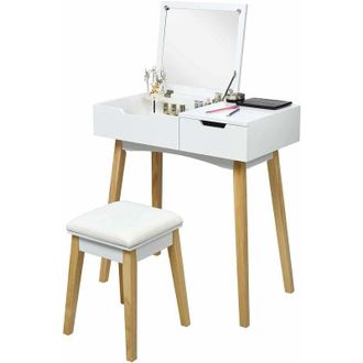 Costway Costway Tocador De Maquillaje Con Espejo Y Taburete Mesa Escritorio Mesa Cosm&eacute;tica Para Dormitorio Sal&oacute;n Blanco
