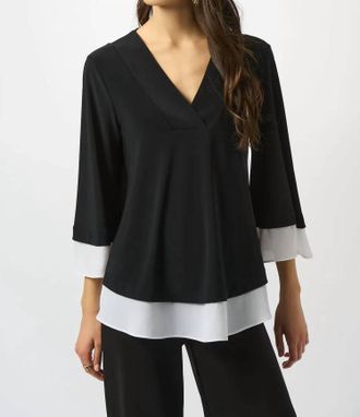 Joseph Ribkoff Color Block Georgette 3/4 Sleeves Top In Black/off-White
