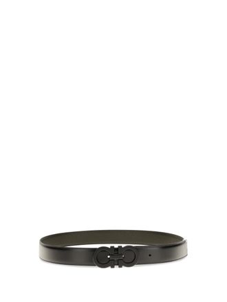 Ferragamo Mens Reversible Adjustable Belt With Textured Gancini Buckle Black Bicoloured Green Calf Leather Bos Taurus E Braces