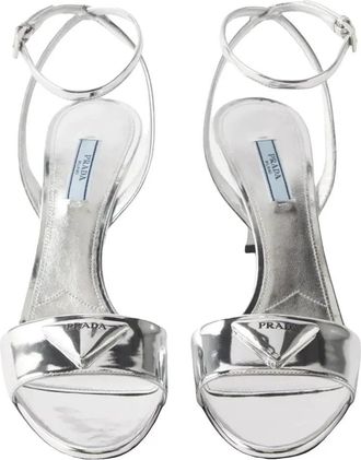 Prada Modellerie Logo-Plaque Metallic-Leather Sandals. Size 38.5