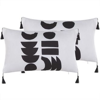 Beliani Beliani - Conjunto De 2 Cojines De Poli&eacute;ster Blanco Negro Patr&oacute;n Geom&eacute;trico Borlas Decorativas 30 X 50 Cm Liriope