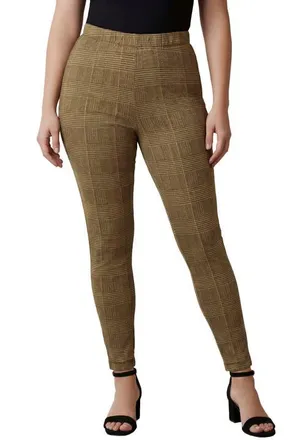 Jessica London Everyday Stretch Cotton Legging in Soft Camel Glen Plaid at Nordstrom, Size 20