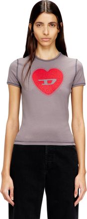 Diesel Slim T-shirt with heart print and studs - T-Shirts - Woman - Grey