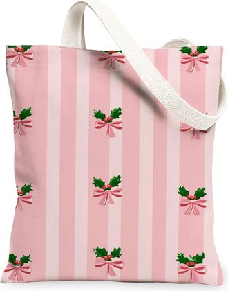 Generic Christmas Peach Stripe Canvas Tote Bags, Bow Pattern Reusable Grocery Bags, Vintage Chic Lightweight Washable Canvas for Tr, Peach, 13x15 Inch