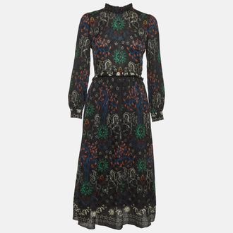 Sandro Black Print Chiffon Ruffled Trim Midi Dress
