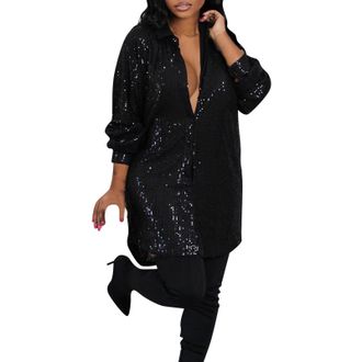 Generic Womens Sparkly Sequins Mini Dress Elegant V Neck Long Sleeve Tunic Shirt Casual Party Wear Comfortable Stylish Outfit (Black, L)