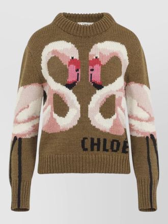 Chlo&eacute; crew neck flamingo knit pullover ribbed trims