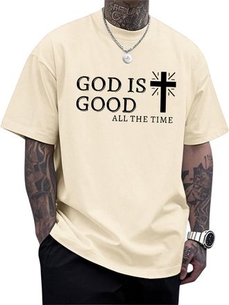 Generic Mens Christian T-Shirts GOD is Good Cotton Tees Religious Cross Printed T-Shirt Short Sleeve Tops Oversize Vacation Clothes