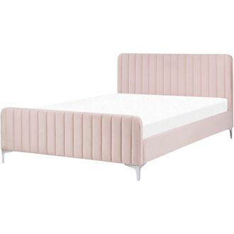 Beliani Cama Con Somier De Terciopelo Rosa Pastel 140 X 200 Cm Acolchado Patas Metal Lunan