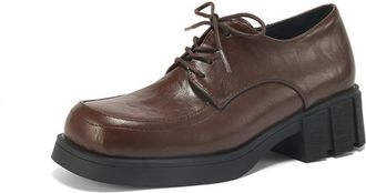 Generic Womens Oxford Shoes Lace Up Textured Upper Chunky Block Heel Platform Square Toe Dress Shoes Comfortable for Fashion Party,Brown,4.5 UK