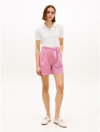 Tommy Hilfiger Womens Belted Gingham Seersucker Short - Pink - XL