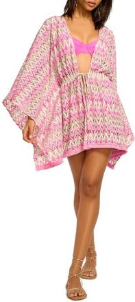 Ramy Brook Mckala Metallic Tie Front Long Sleeve Sheer Cover-Up Tunic in Radiant Pink Zigzag at Nordstrom, Size Xx-Small