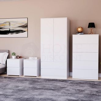 Home Discount Home Discount - 4 Piece Denver Bedroom Set, 2 Drawer Large Bedside Chest x2, 5 Drawer Chest, 2 Door 2 Drawer Wardrobe, White