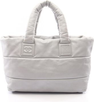 Chanel Navy Silver Leather Handbag Tote Bag (Pre-Owned)